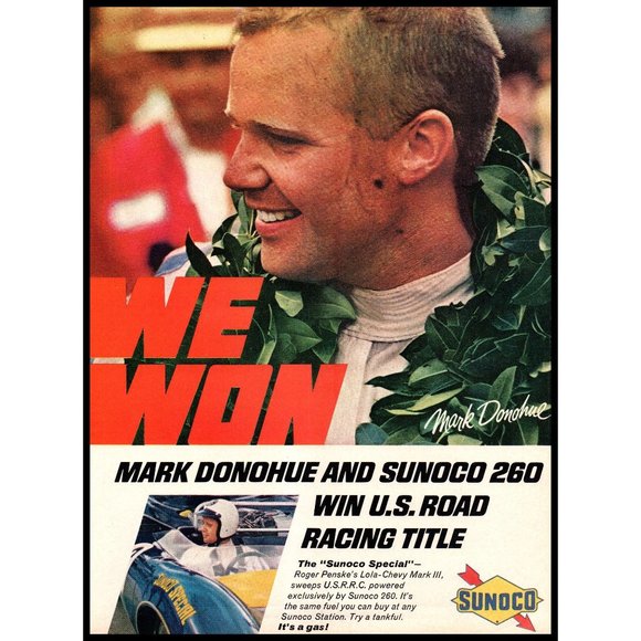 1967 Sunoco 260 Gasoline Gas Vintage Print Ad Mark Donahue Winner's Circle Art - Picture 1 of 1